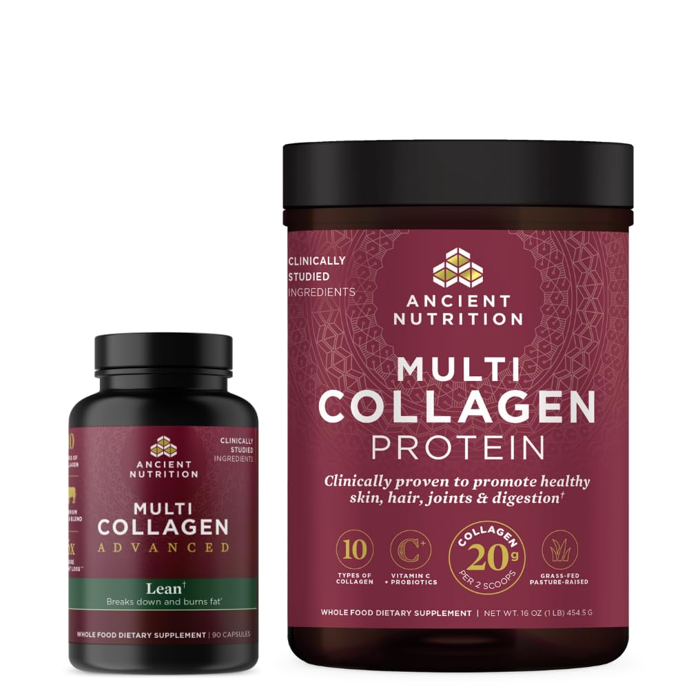 Nutriție veche Multi Colagen Capsule avansate, Lean, 90 Conte + Multi Colagen Pulbere de proteine, Nearomate, 45 Serviri