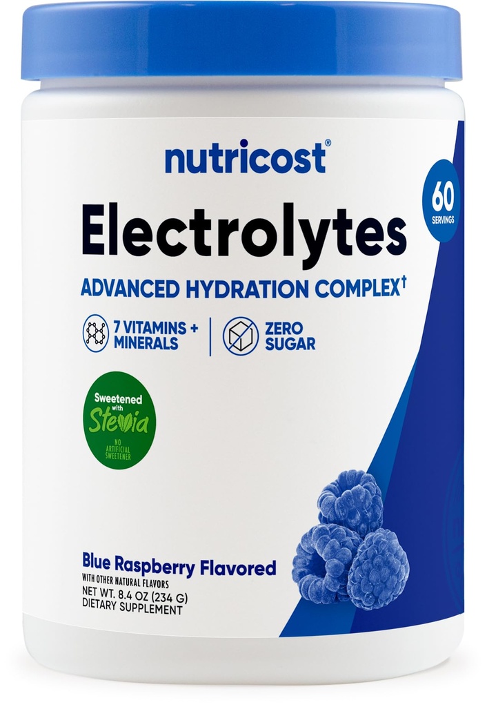 Nutricost Electrolit Pudră Complexă (60 Servings, Blue Raspberry) - Hidratare Supliment Drink Mix cu vitamine și minerale