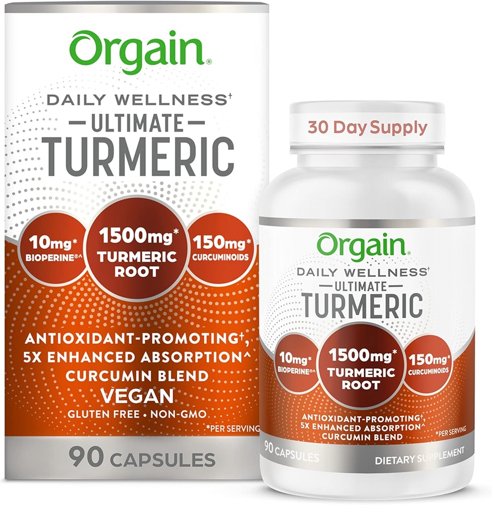 Orgain Ultimate Turmeric Supliment 1500mg, Curcumin și Bioperine Black Pepper Extract Herbal Blend, Sprijină Antioxidant și Heart Health - 90 capsule, 1 lună de aprovizionare