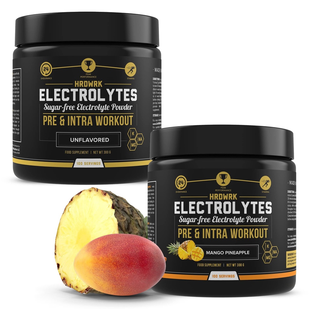 HRDWRK - 100 Servings Keto Electroliti pulbere Hidratare Zahăr gratuit - Electrolit Pulbere pentru a stimula rezistenta si reduce oboseala cu Electroliti Supliment - Unflavored & Mango Ananas Set