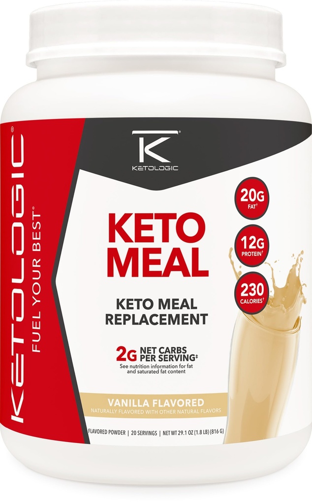 Ketologic Keto Masă de înlocuire Shake pulbere pentru rezultate optime + MCT Ulei + Iarbă-Fed Whey - Macro perfect Formulat pentru Ketoza - 20 Servings - Vanilie