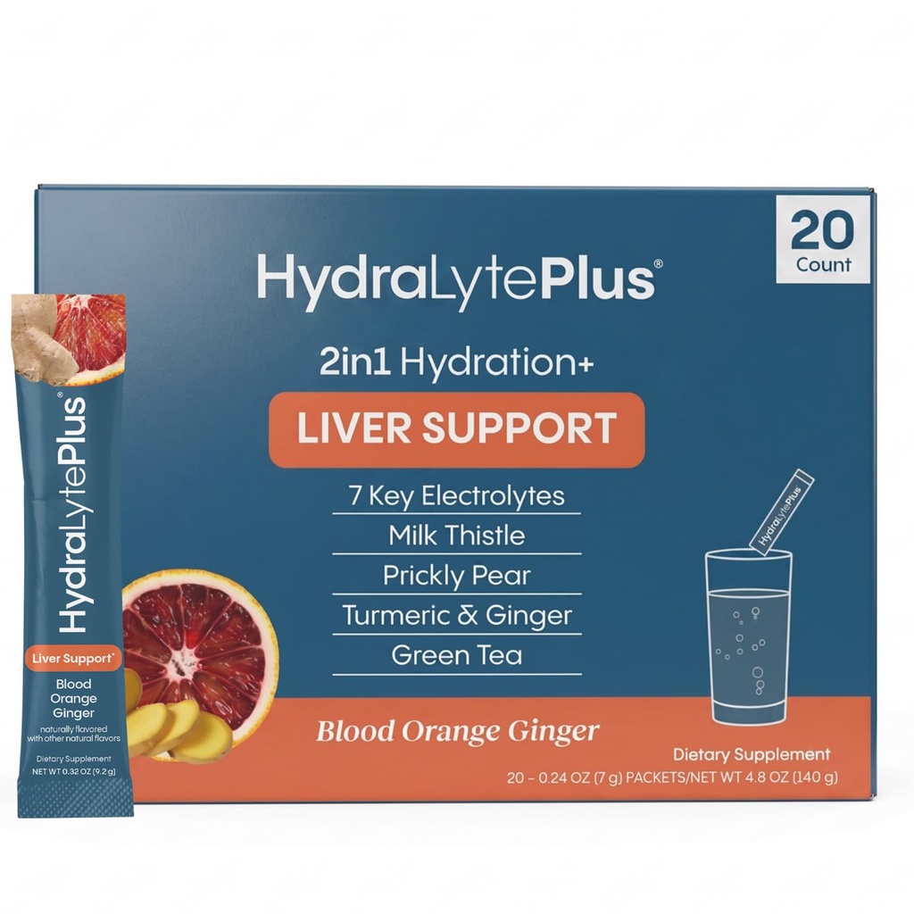 Suport pentru ficat Hydralyte + Electrolyte Mix with Milk Thistle, Turmeric, Ginger, Prickly Pear, extract de ceai verde Formulat pentru rehidratare rapidă (Blood Orange Ginger, 20 Packets)