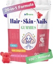 20-in-1 Pielea de păr și unghii Gume, Vitamine de păr de biotină pentru femei și bărbați cu 10000 mcg Biotina, Vitamine A, C, D, E pentru creșterea părului și piele sănătoasă, aroma de piersici albe, 90 Gume