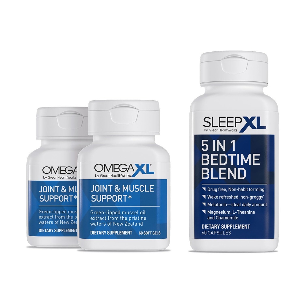 Suplimentul comun OmegaXL - Suport muscular natural, 60 Softgels (2 ambalaj) & SleepXL imediat-Release melatonin, L-Theanin (Calming), musetel, magneziu & B6 (60 capsule Vegane)
