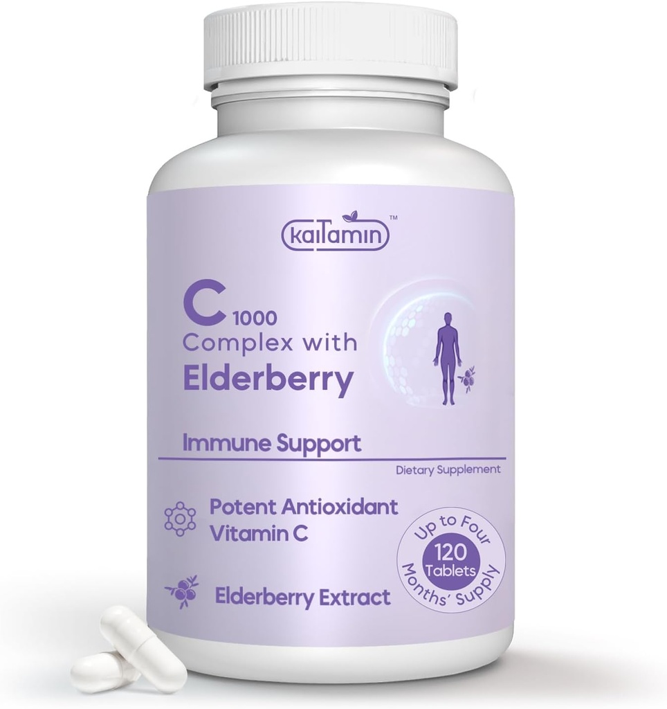 Vitamina C 1000mg cu Rose HIPS + Sambucus Elderberry - C1000 Complex Supliment alimentar pentru suport imunitar și suport antioxidant - 120 comprimate pentru până la 120 zile (120 Conte (Pachet de 1))