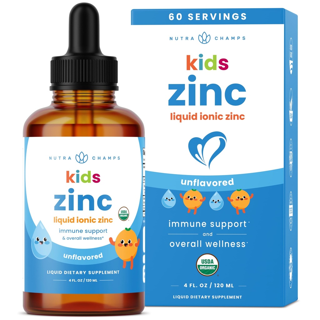 NutraChamps Picături de zinc lichid pentru copii, picături ionice de zinc îmbunătățit cu vitamina C pentru copii, Zahar-Free 4 oz, Vegan & non-GMO, Tangerine, 60 de serviri, 2 luni de aprovizionare