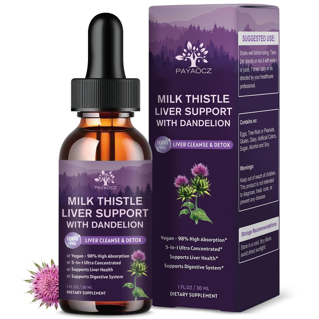 (4 Pack) Picături lichide Thistle Lapte Silymarin 1000mg, Supliment de ficat Detoxifiere & Curățați cu Dandelion & Artichoke, Milk Thistle Extract organic pentru sprijin Reparații Sănătatea ficatului, Vegan, Non-GMO, 1 Fl Oz