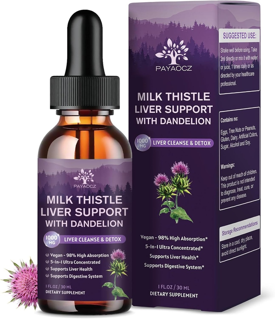 (4 Pack) Picături lichide Thistle Lapte Silymarin 1000mg, Supliment de ficat Detoxifiere & Curățați cu Dandelion & Artichoke, Milk Thistle Extract organic pentru sprijin Reparații Sănătatea ficatului, Vegan, Non-GMO, 1 Fl Oz