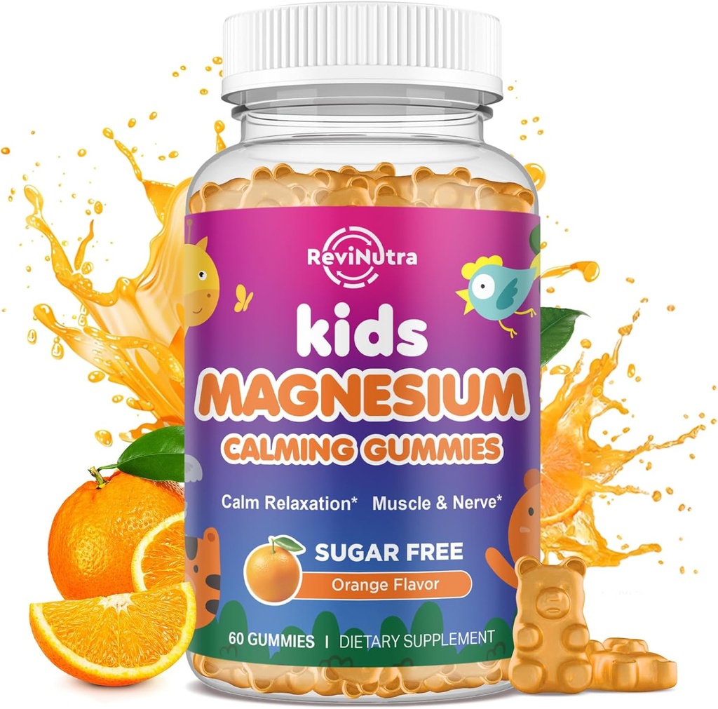 Gume de magneziu calm pentru copii - Magneziu Glicinat Supliment pentru somn, Brain, Imuna si sanatate osoasa - Gume de magneziu de mare Tasting pentru copii si adulti - Sugar Vegan gratuit Orange 60ct