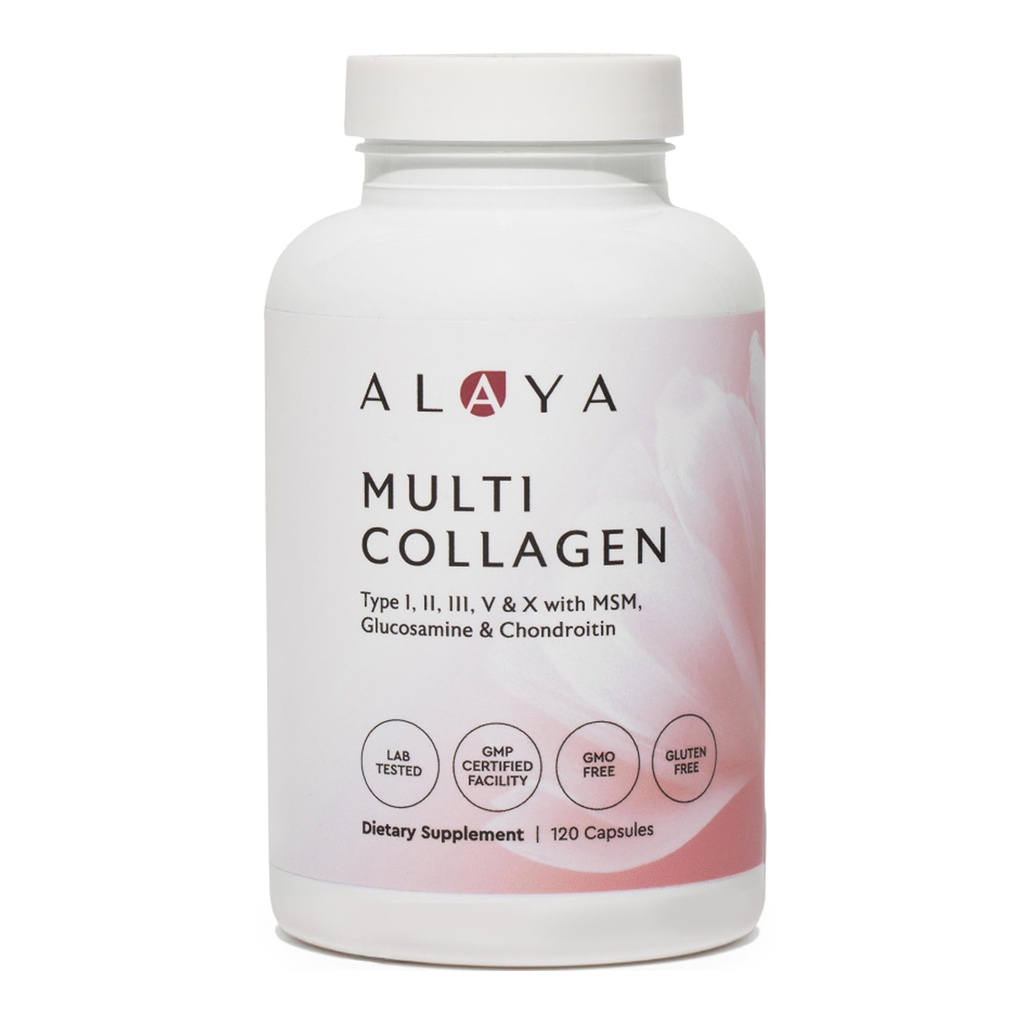 Alaya Naturals Hidrolized Multi Colagen Peptides Proteine Capsule - Tipul I, II, III, V, X Grass-Fed Bovine, Pui, Marine Colagen Supliment cu MSM + GC (Capsules - 120 Count)