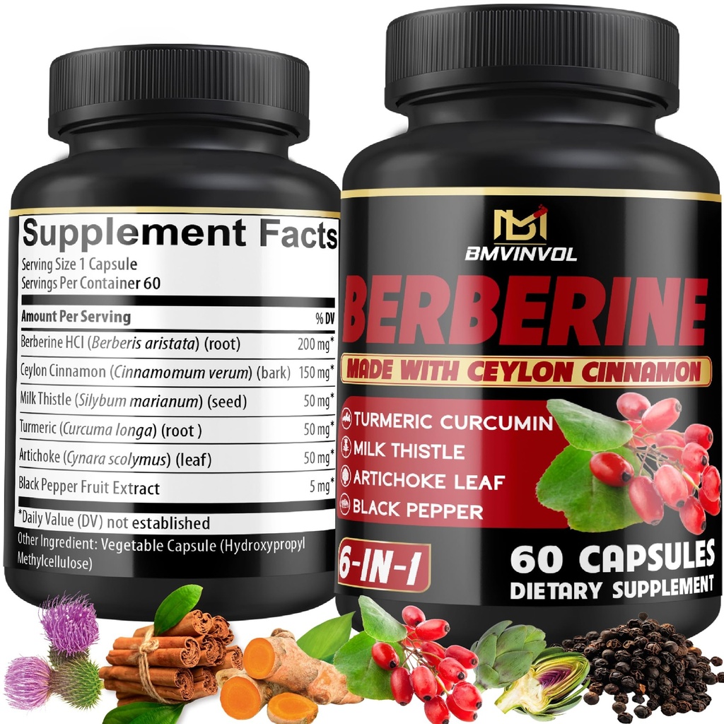 Berberine Supliment cu Ceylon Scorțișoară, Turmeric, Anghinare, Mulgemi de lapte - Berberine Pastile supliment HCl - 60 Capsule [2-Lonth Supply]
