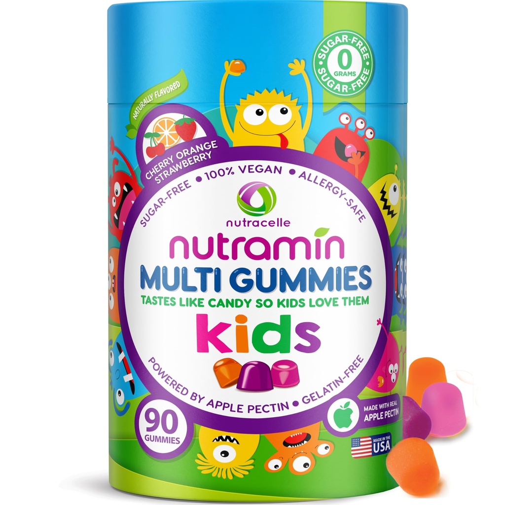 Nutracelle NUTRAMIN Sugar-Free, Allergen-Free 100% Vegan Gummy Multivitamine pentru copii - Gummie naturale de mare Tasting copiii vor iubi - 90 Conte Sticla