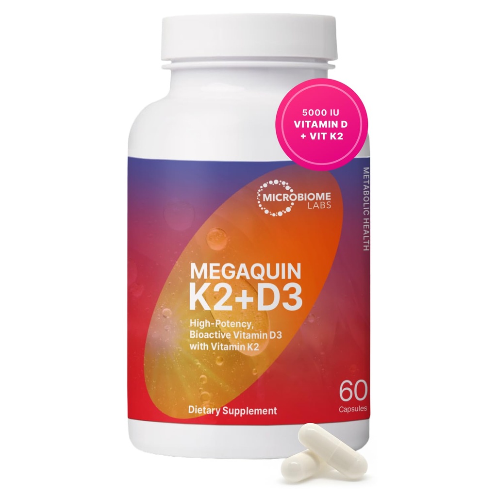 Microbiome Labs MegaQuin D3 + K2 - supliment de vitamina D3 K2 de înaltă potenţă - Bioactive & Biodisponibile - Vitamina D3 5000 ui & MK-7 - Suport Bone, Heart, Nervi şi Imune Health (60 capsule)