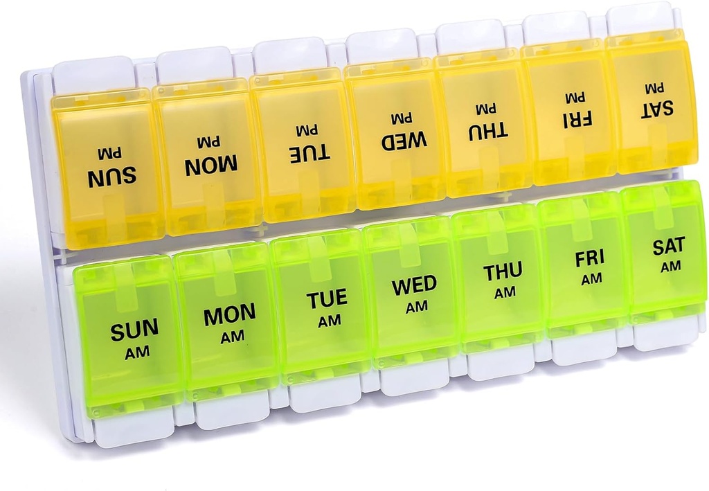 Sukuos AM PM Weekly Pill Organizator 7 zi, 2 ori pe zi de medicament Pilula cutie cu buton Push Easy, BPA gratuit vitamine cazuri de ulei de pește / suplimente, ușor de curățat (Yellow&Green)