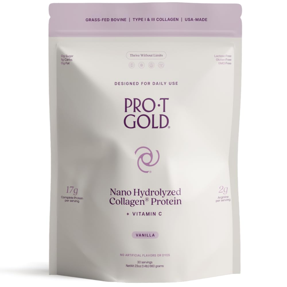 ProT Gold Colagen Proteine pulbere, 17g Proteine Nano-Hydrolyzed Iarba Fed Colagen, Vitamina C, 2g Arginina pentru Suportul Rănilor, Gluten gratuit, Toate naturale, Fat și Sugar gratuit, 0g carbohidrați, Vanilie, 23 oz, 30