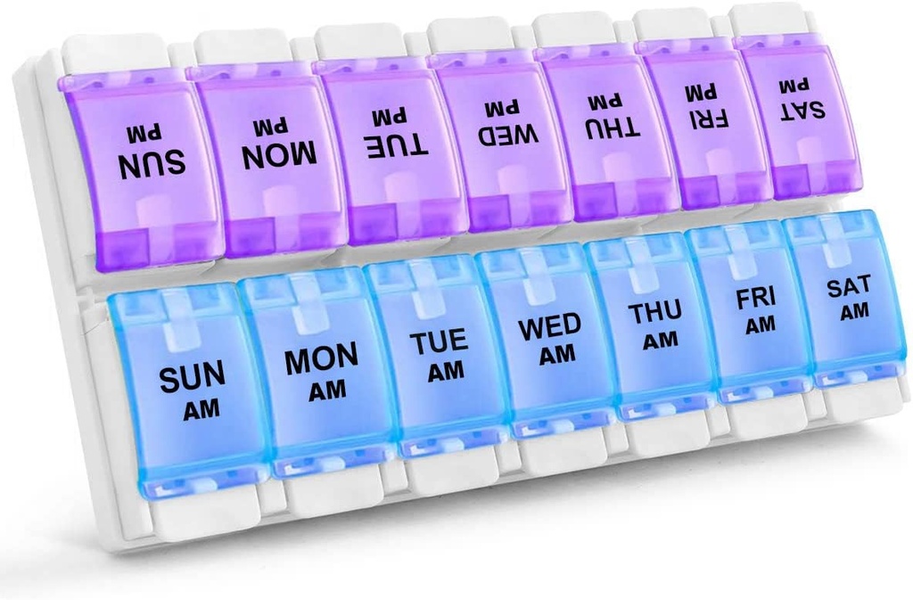 Sukuos AM PM Săptămânal 7 zile Pill Organizator, 2 ori o zi Pilula cutie cu Artrită Button Push prietenos, Cazuri de medicamente pentru vitamina / ulei de pește / Suplimente, Ușor de curățat (Purple & Blue)