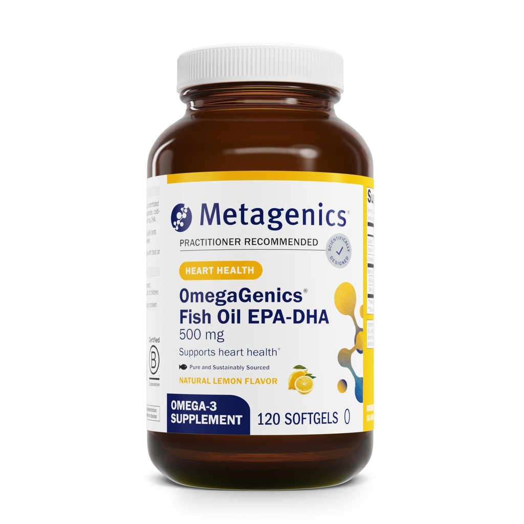 Metagenics OmegaGenics EPA-DHA 500 - Suplimentul de ulei de pește de mare potențial pentru sănătate cardiovasculară* - Susținută și puritate testată - non-GMO & Gluten-Free - 120 Softgels