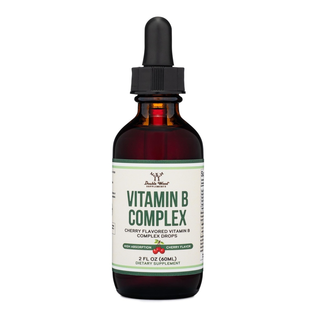 Double Wood Supplements Liquid Vitamin B Complex - 2 luni de aprovizionare - Absorbție maximă - B3, B6, B7 (Biotina), B9, și vitamina B12 - Aroma de cireșe - 2 FL OZ