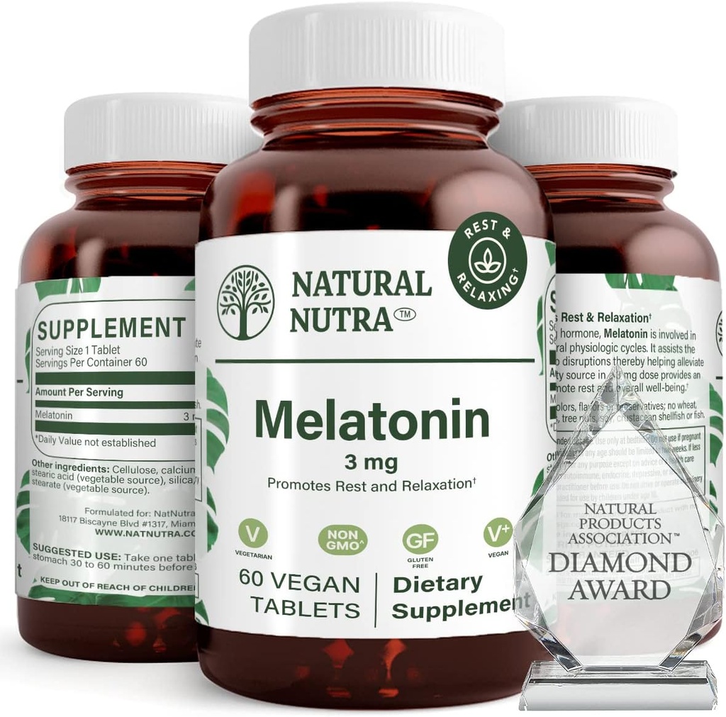 Natural Nutra Vegan Melatonina 3mg, ajută la îmbunătățirea sănătății inimii, susține sistemul imunitar, ajută la sănătatea celulelor și a inimii, contribuie la wellness generală, îmbunătățirea calității somnului, gluten gratuit, 60 comprimate