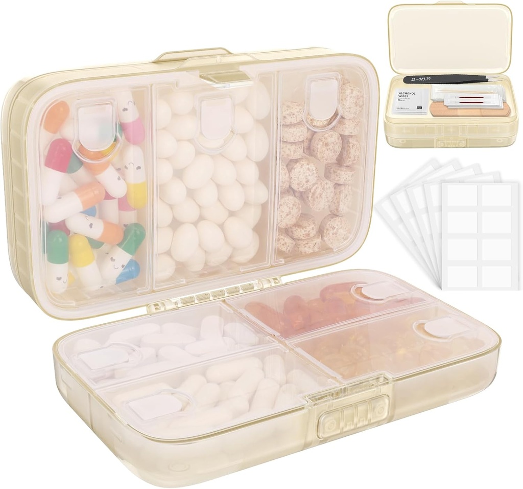 FYY Weekly Pill Organizator cu Labels,8 Compartiments Travel Daily Pill Case etanșe rezistent la umiditate cutie de pastile mari pentru a deține vitamine, ulei de pește, Suplimente, Cotton Swab și Bandaje-Beige