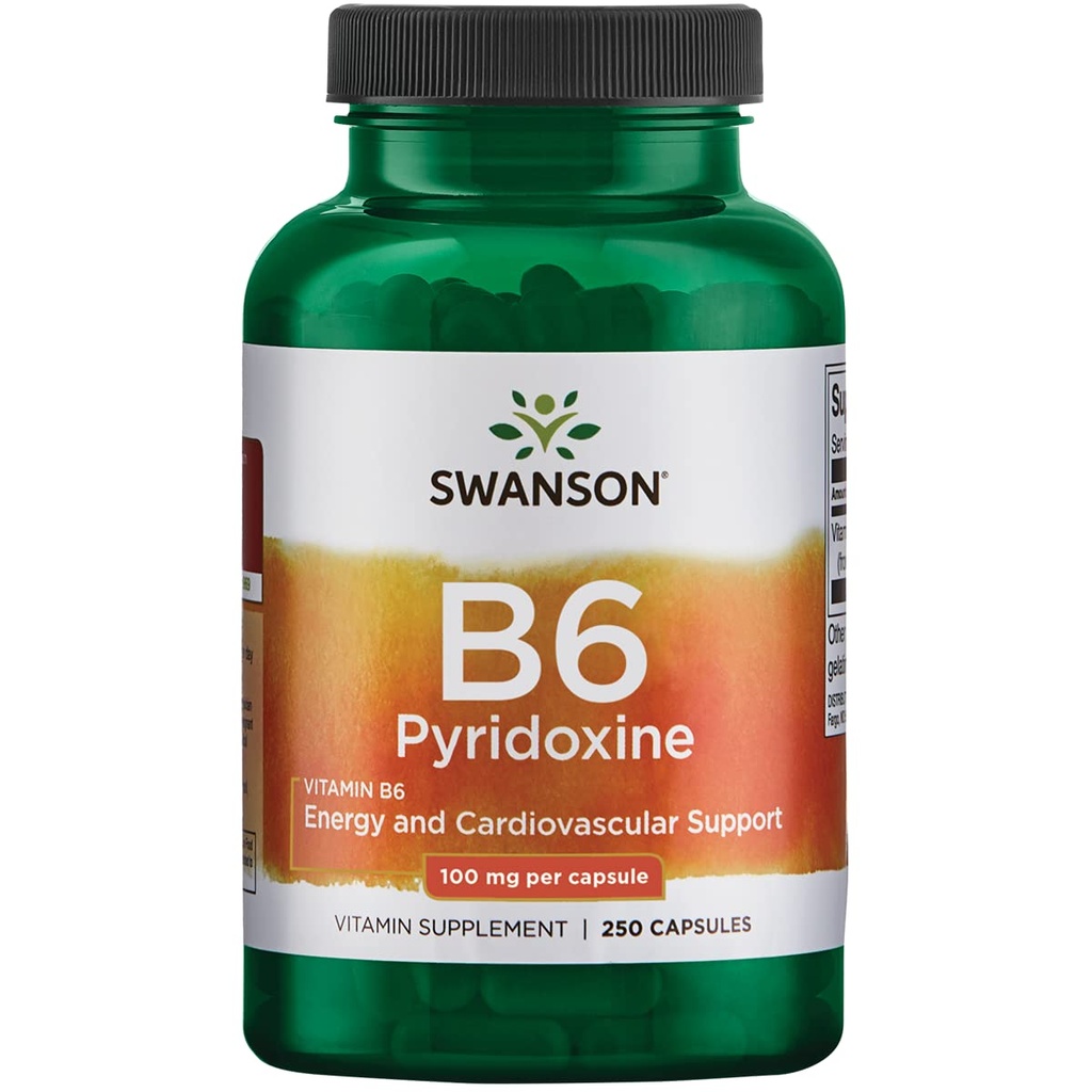 Swanson B6 Pyridoxine - Suplimentul de vitamine care promovează sănătatea cardiovasculară și metabolismul energetic - Formula naturală de promovare a bunăstării globale - (250 capsule, 100 mg fiecare)