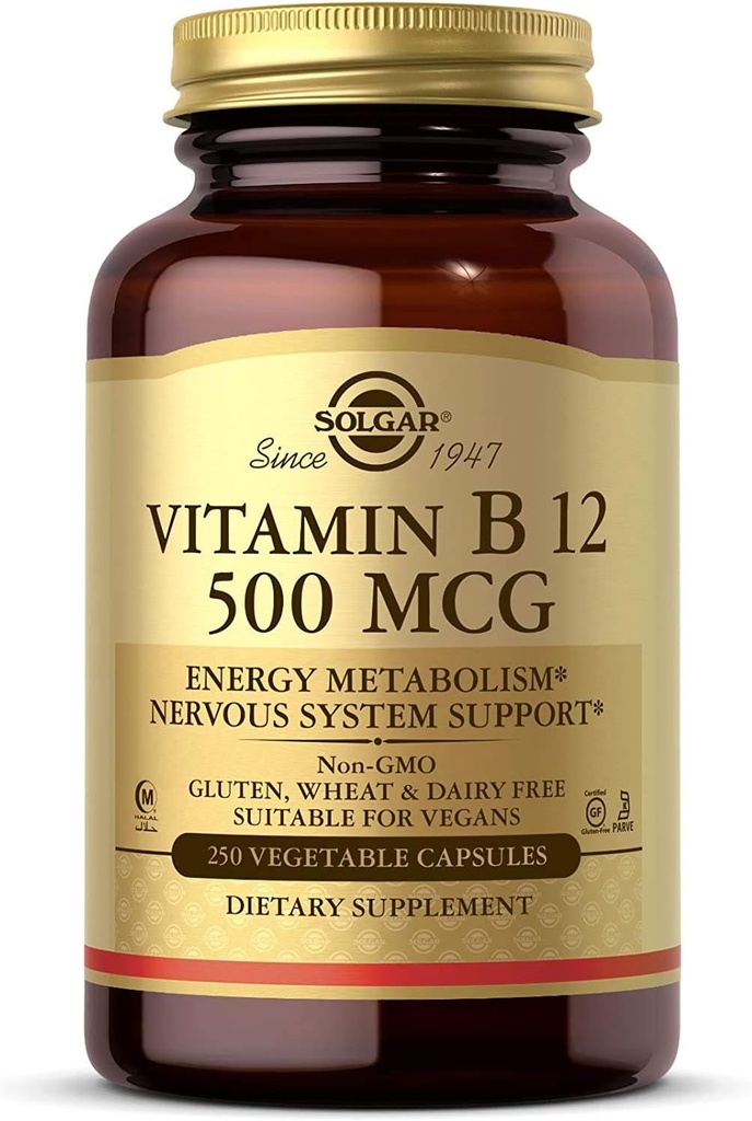 Solgar Vitamina B12 500 mcg, 250 Capsule vegetale - Metabolism energetic - Suport Sistem nervos - Promoveaza sanatatea inimii - non-GMO, Vegan, gluten gratuit, lactate, Kosher, Halal - 250 Serviri