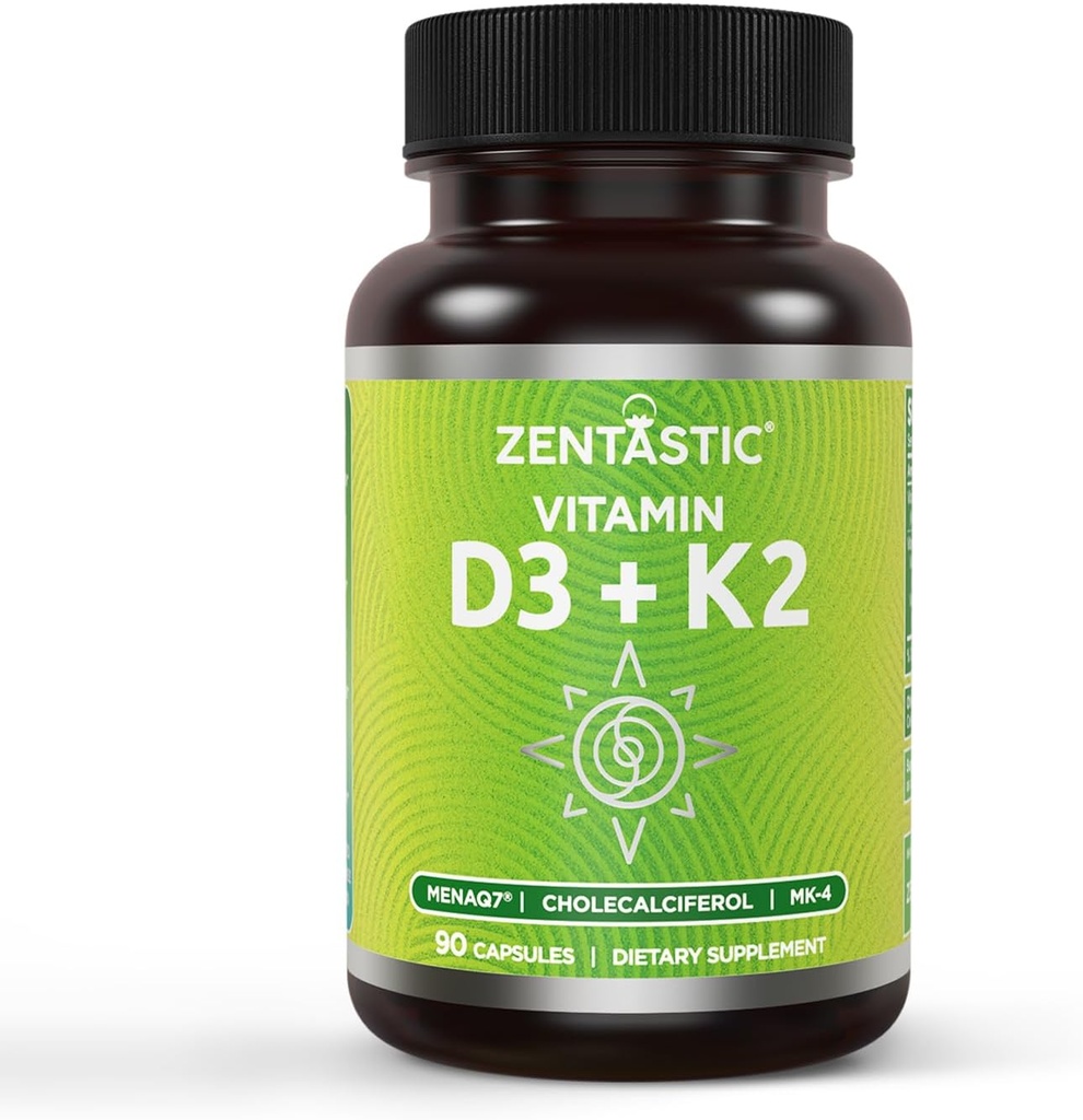 Vitamina Zentastica D3 K2, 5000UI & 200mcg, Vitamina D & Patentata MK7 & MK4 pentru suport complex 3-in-1 - Vegetarian, Non-GMO, 90 Capace