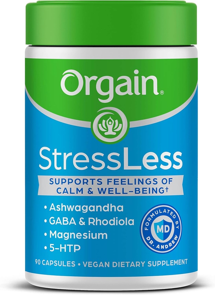 Orgain Stressless, Vegan Stress Supplement - Blend of Magneziu, Lemon Balm, GABA, 5 HTP, Rhodiola Rosea, Ashwagandha and Chamomile, Gluten Free, Doctor Formulated - 90 Count, 30 Day Supply