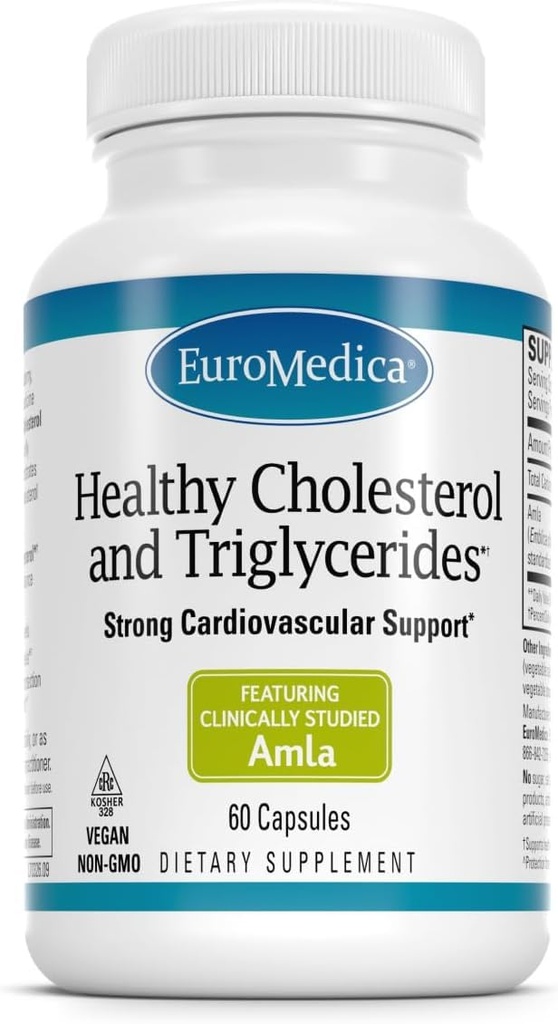 Euromedica Healthy Cholesterol şi Trigliceride - 60 Capsule - Studiat clinic Amla - Susţine niveluri sănătoase HDL & Trigliceride - Non-GMO, Vegan, Kosher - 30 Servings