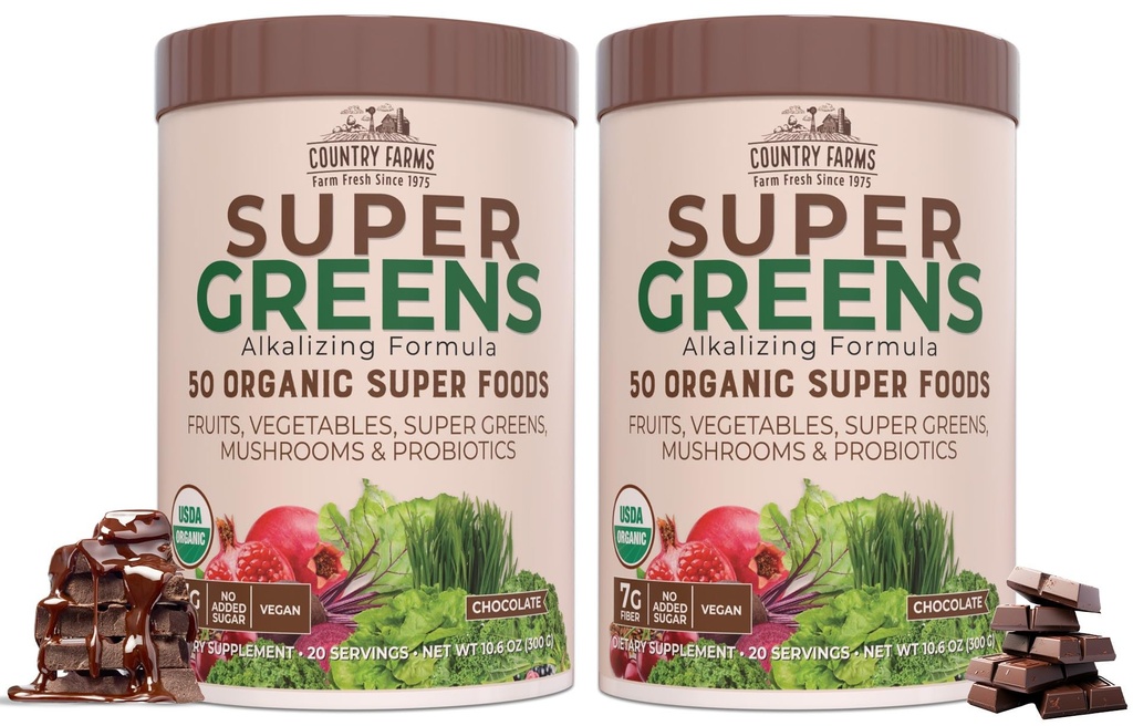 ȚARA Ferme Super Greens Ciocolată Arovă, 50 Ecologic Super Foods, USDA Organic Drink Mix, Fructe, Legume, Super Verzi, Ciuperci & Probiotice, Suporturi Energie, 40 Serviri, 10,6 Oz, 2 Pack
