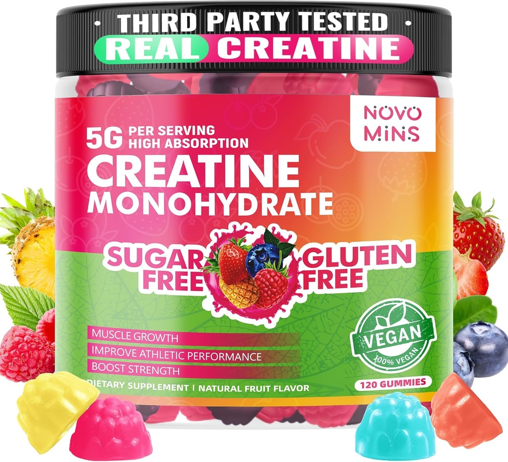 novomins Creatin Monohidrat Gummies 5000mg pentru bărbaţi şi femei, Masticuri Creatina Monohidrat pentru forţa musculară, Constructor musculare, Boost de energie, Suplimentul de pregătire prealabilă (120 Conte)