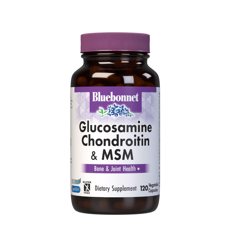 Nutriţie Bluebonnet Glucosamină Chondroitin & MSM, Glucosamină, Sănătate osoasă şi articulară*, Non-GMO, Gluten-Free, Soy-Free, Dairy-Free, 120 capsule vegetale, 40 Servings