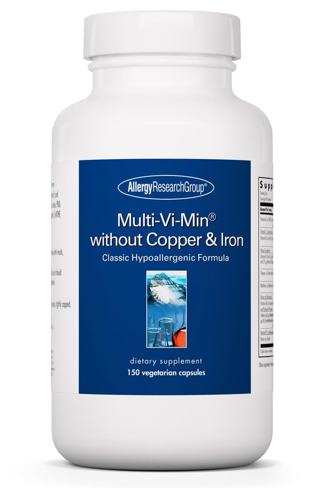 Grupul de cercetare pentru alergii Multi-Vi-Min fără cupru și fier - Multivitamine pentru bărbați și femei, Complex mineral, Nutrienți activi, cu iod - 150 Conte