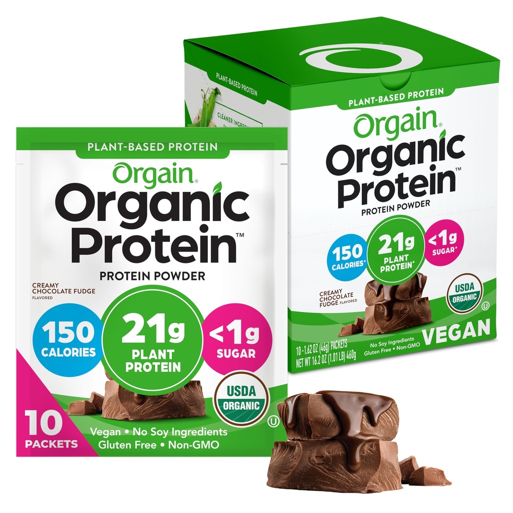 Orgain Organic Vegan Proteina pulbere, Creamy Ciocolata Fudge - 21g Proteina de plante, 6g Fibră prebiotică, Carb scăzut, Fără Ingrediente Lactoză, Fără Zahăr Adăugat, Non-GMO, Pentru Shakes & Smoothies, 10 Pachete de călătorie