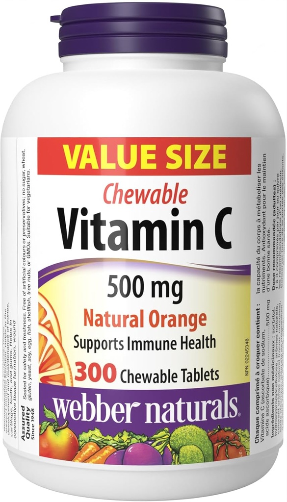 Webber Naturals Vitamina C, 300 comprimate de portocale masticabile, 500 mg de vitamina C per comprimat, oase, dinți, suport imun și antioxidant