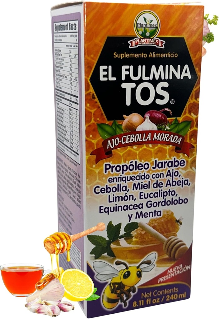EL FULMINA TOS Propoleo +AJO + CEBOLLA + Miel+Limon+Eucalipto+Equinacea+Gordolobo & Menta (Syrupul Propolis W/Garlic și ceapă) 8.11 fl oz Supliment nutritional Tuse Syrup FULMINA TOS