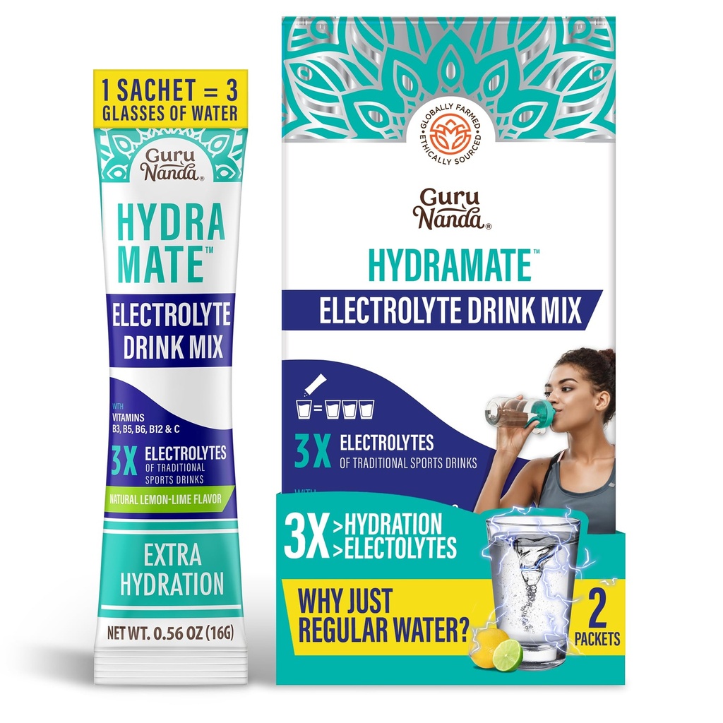 GuruNanda Hydramate suport Mix de băuturi hidratare - Pachete cu pulbere electrolit pentru deshidratare, exercitii si energie - Fără dulciuri adăugate, fără GMO, aromă naturală de lămâie - 2 Conte (0,56 oz Each)