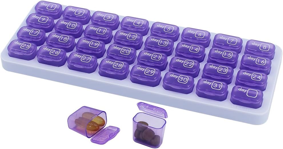 Organizator de pastile lunare, cutie mare de pastile de călătorie 31 zi, caz de pastile de zi cu zi, Deținătorul de pastile Container pentru vitamina, medicamente, Supliment, Ulei de pește, Purple