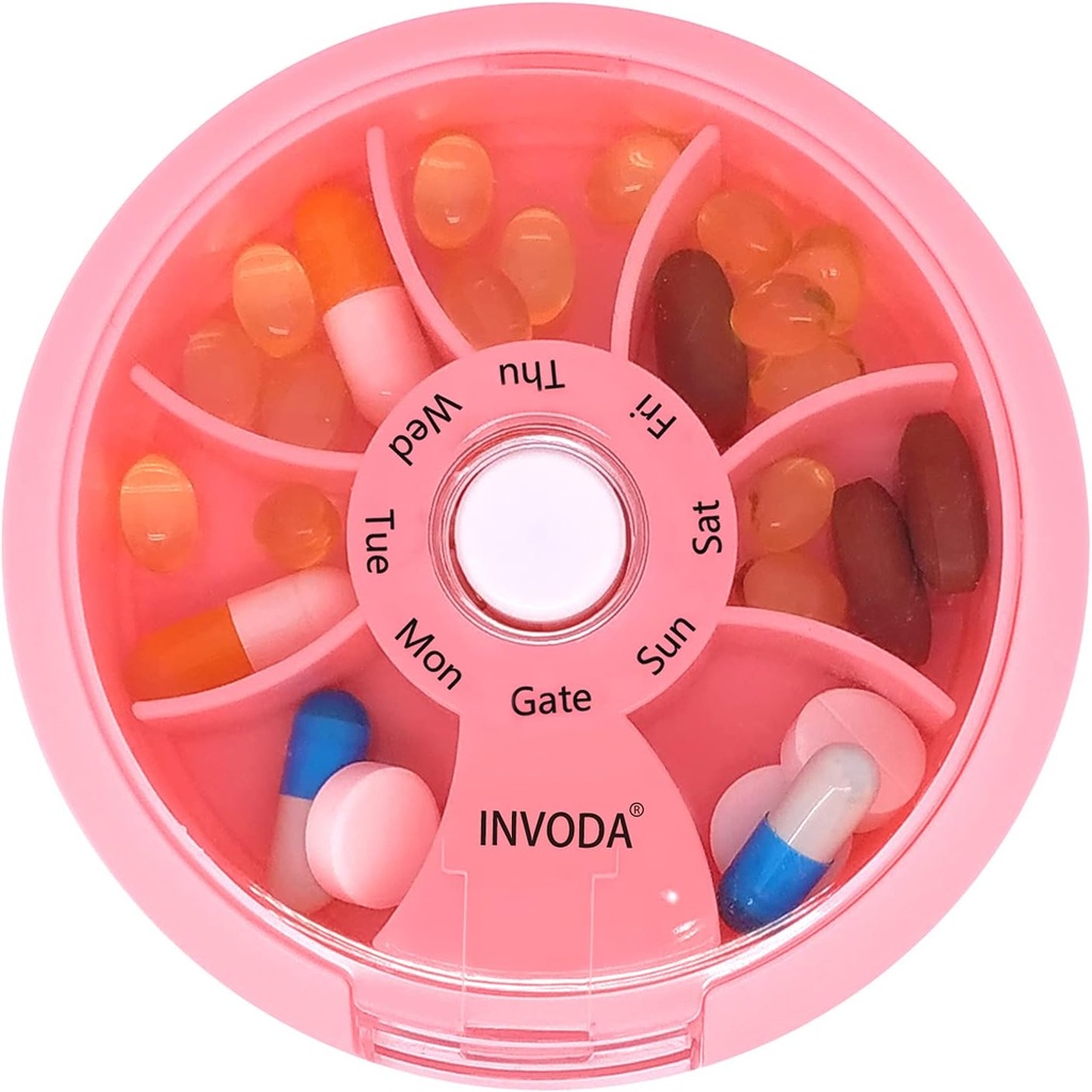INVODA Weekly Pill Organizator 7 Compartiment Rotating Pilula cutie pentru medicatie zilnica si vitamine - Portable Travel Pilula Suplimente de ulei de peste Organizator vitamine (Pink)