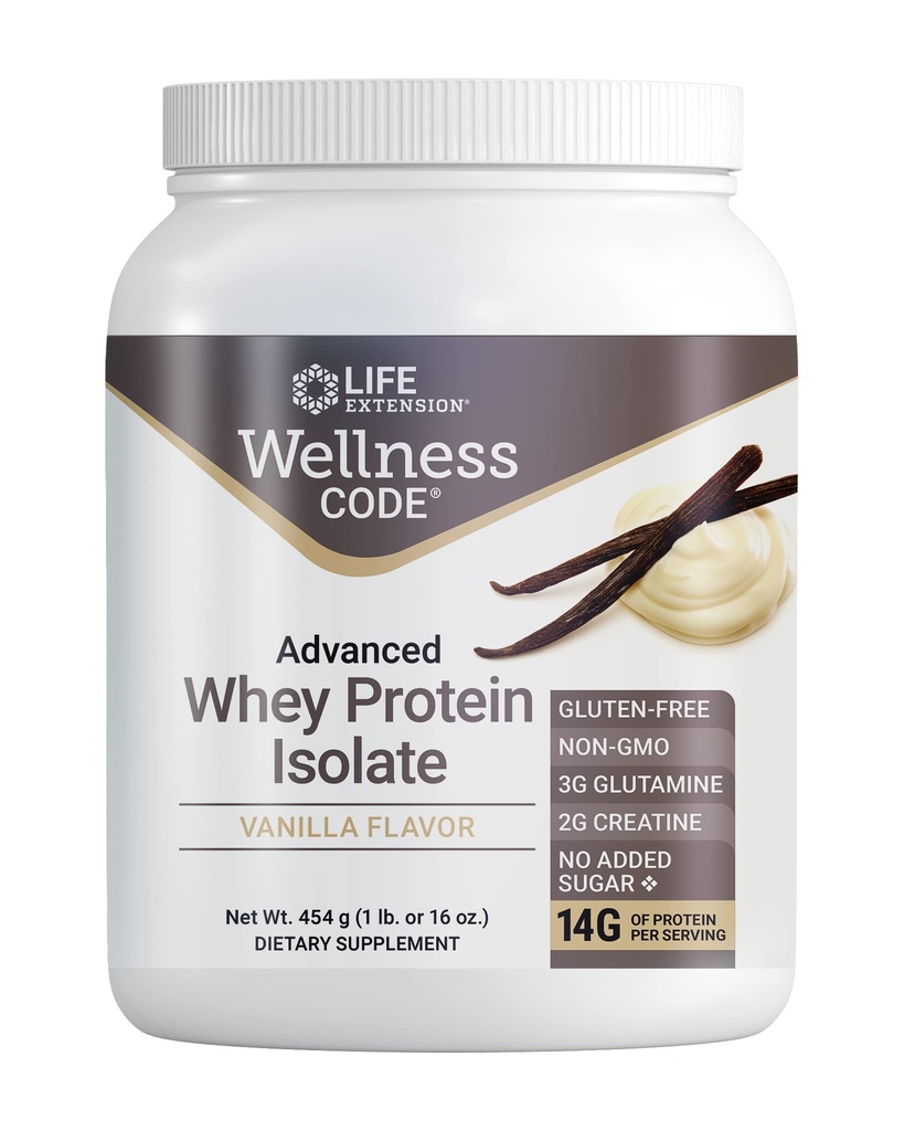 Life Extensie Wellness Code Advanced Proteine Izolate - Aromă de vanilie -Protein Shake Mix Powder for Muscle Growth & Immune Health Support - Gluten Free, Non-GMO, Sugar Free - 454g - 20 Servings