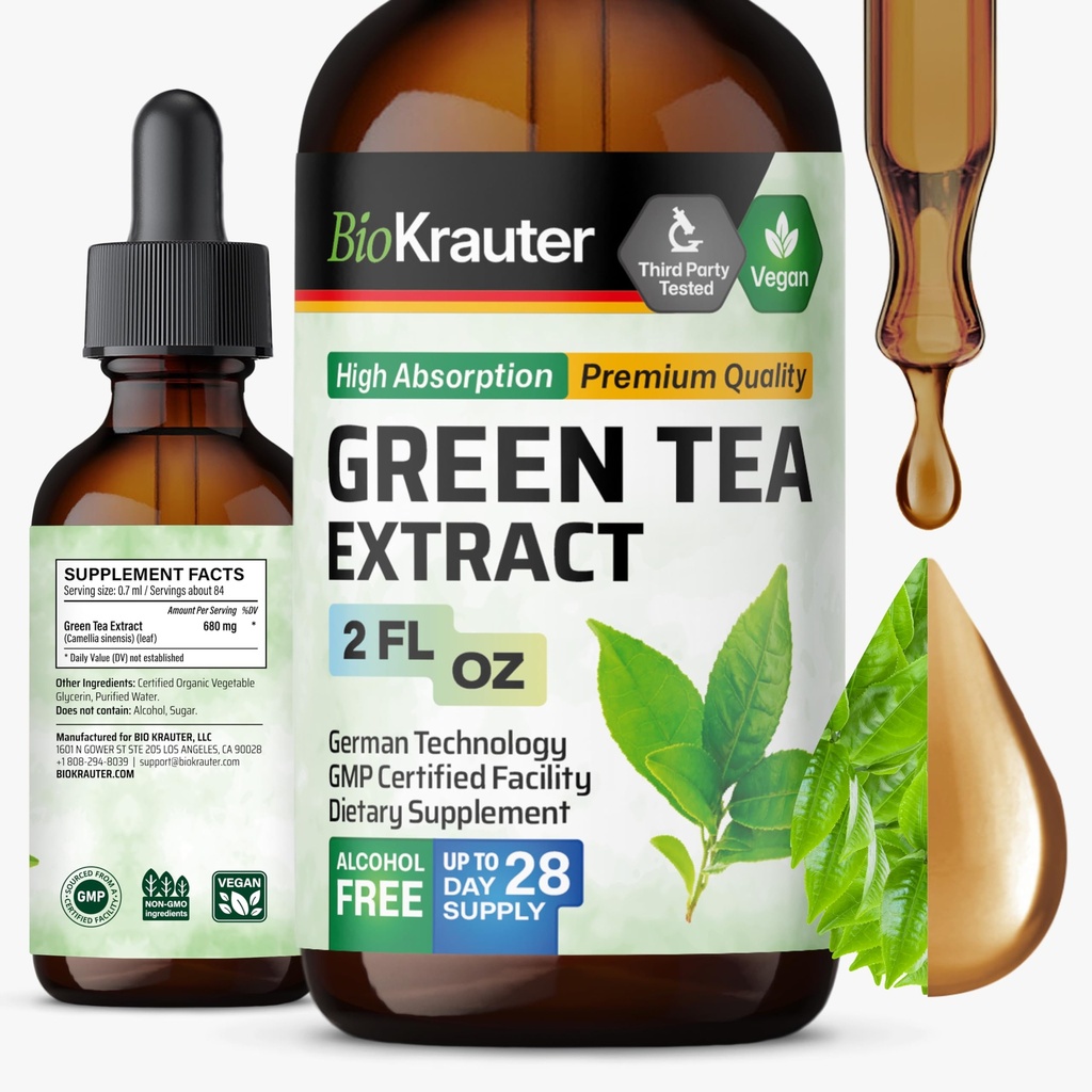 BIO KRAUTTER Green Tea Extract lichid picături - Ceai verde Suplimente - Antioxidant Sursa - Alcool și zahăr gratuit - 2 Fl.Oz.