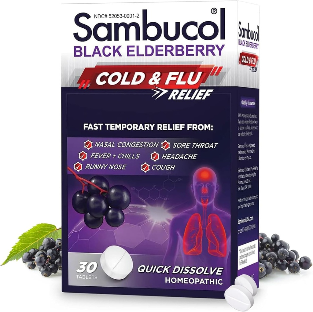 Sambucol tablete de relief pentru răceală și gripă - Homeopatic Rece Medicine, Remediu pentru adulți, Black Elderberry pentru răceli, Zinc Remediu - 30 Conte