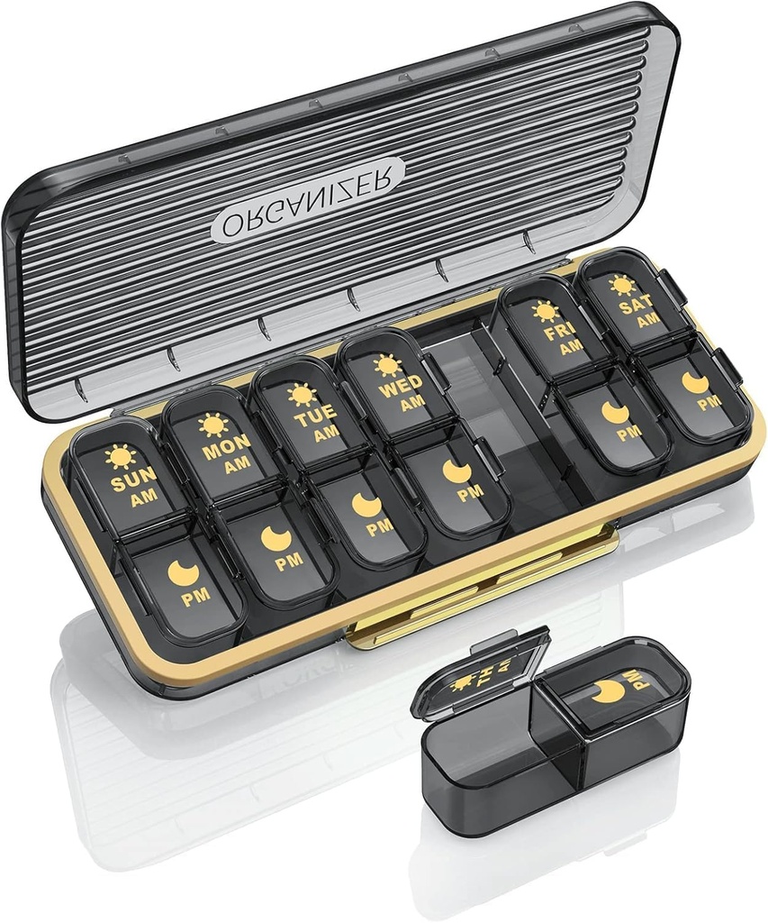 Organizator de pastile de 2 ori pe zi, 7 zile Am Pm cutie de pastile - Acedada Weekly Pill Organizator de două ori pe zi, Portable Removable Daily Medicine Dispenser caz pentru vitamina Fish supliment ulei, negru gri
