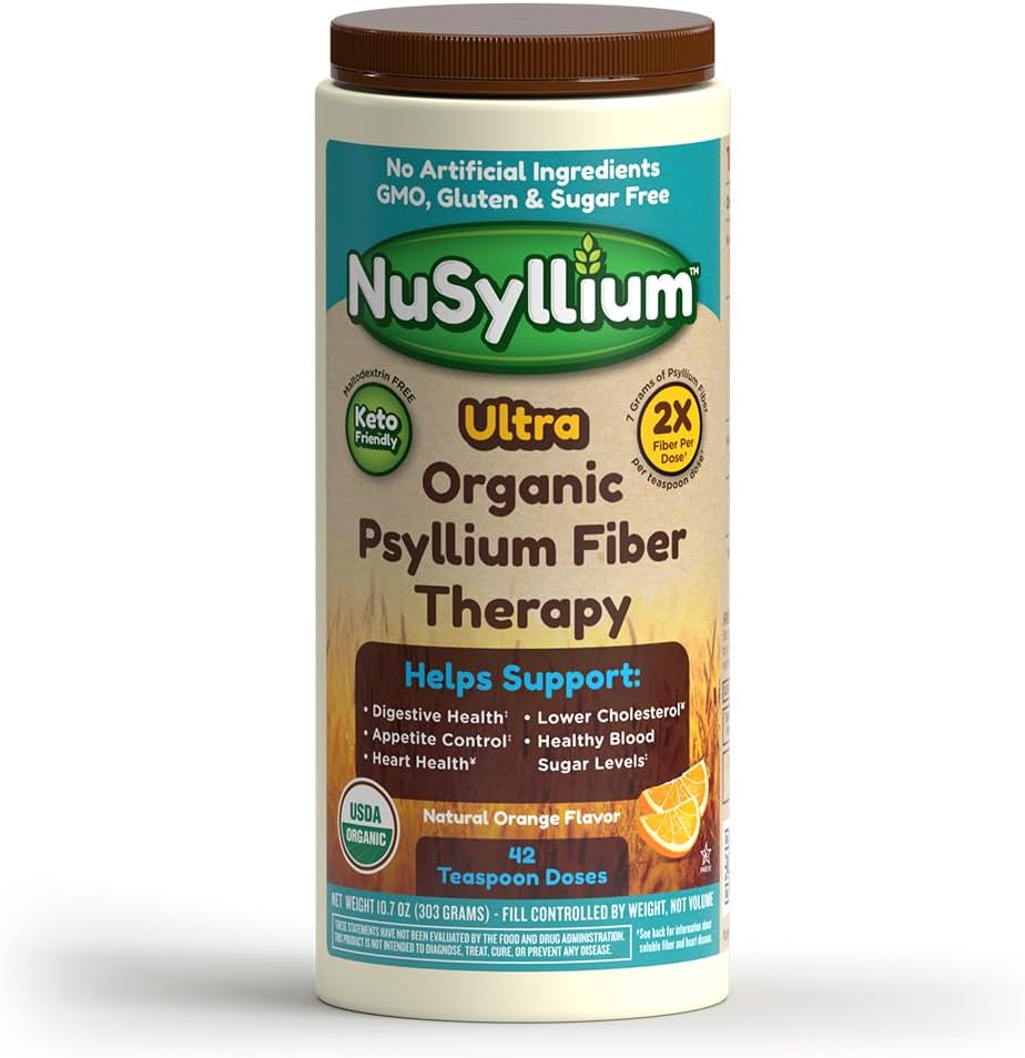 NuSyllium Ultra Psyllium Husk Powder, USDA Organic, 10.7 Oz, Sugar Free Keto-Friendly Fiber Supplement, Promovează Digestive Health* Orange, 42 Servings