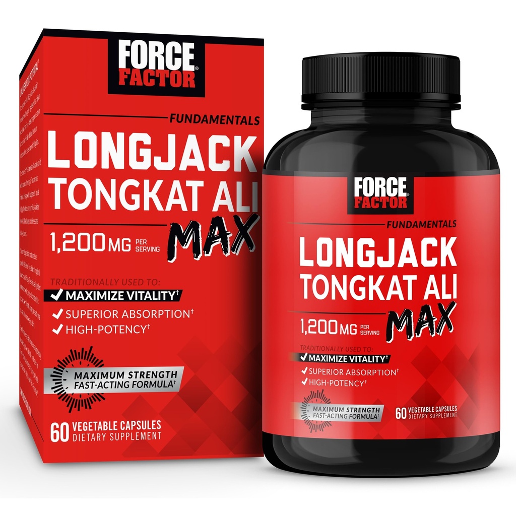 Force Factor Longjack Tongkat Ali Max pentru bărbați, Stamina masculină și supliment de vitalitate Made with Tongkat Ali Extract și ingrediente naturale cheie pentru absorbție superioară, 1200mg, 60 capsule