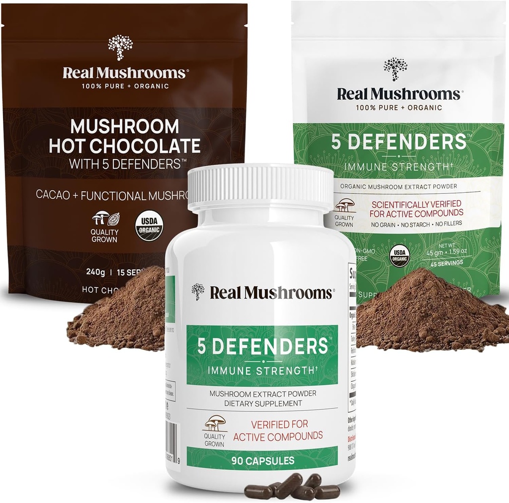 Ciuperci reale Hot Chocolate Mix (15srv), 5 Apărători Extract pulbere (45srv), & 5 Apărători Suplimente (90ct) Bundle pentru a sprijini Imunitatea și bunăstarea generală - Gluten-Free, Non-GMO, Vegan