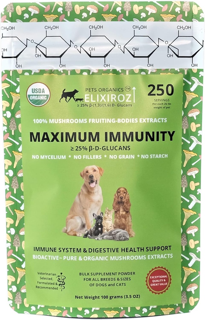 Imunitatea maximă >25% β-glucan 100% Ciuperci Extracte de organism fructat, Rețetă veterinară pentru câini și pisici imune, digestive, vitamine, probiotice, cu Turcia coada, extracte Reishi. 250 Servitori