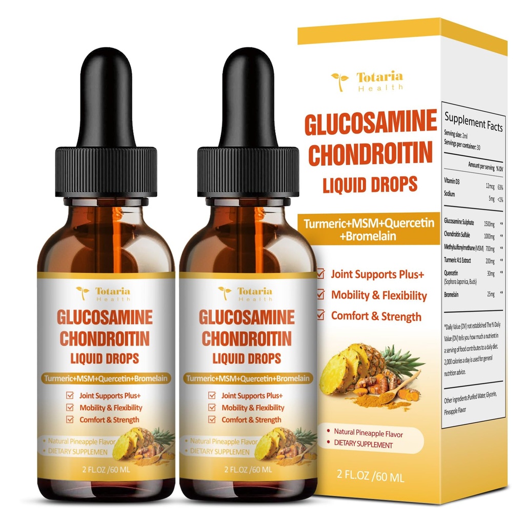 (2 Packs) Glucosamină Chondroitin MSM sprijin comun de sănătate - Chondroitin sulfat Supliment Turmeric, Querbetin, Bromelain, MSM Ulei