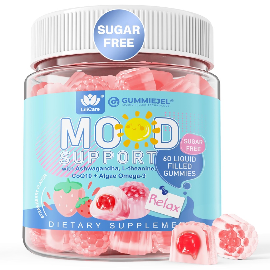 Ashwagandha Saffron Calm Gumies + Omega 3, L-Theanine & CoQ10 pentru femei, natural calmant fericit relax Gumies pentru adulți, Mood Supplement Gummy, Strawberry Flavor, Sugar Free, Vegan, 60ct