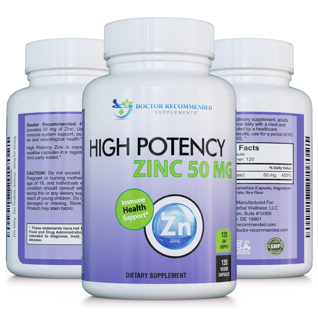 Zinc 50mg - Zinc Picolinat Immune Health Supplement 120 Veggie Capsule pentru adulți și copii Vitamina, Ei bine-Absorbed mare potenta Suplimente de zinc pur - 50mg Per Servire